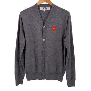 PLAY Comme des Garcons Charcoal Gray Wool Knit Red Heart Cardigan Size Large